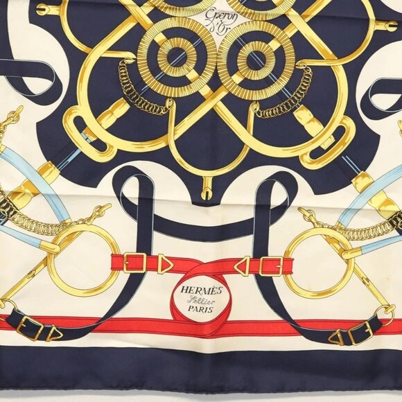 HERMES Carre 90 Scarf ""Eperon d'or"" Silk Navy Auth 142397 - Picture 6 of 16